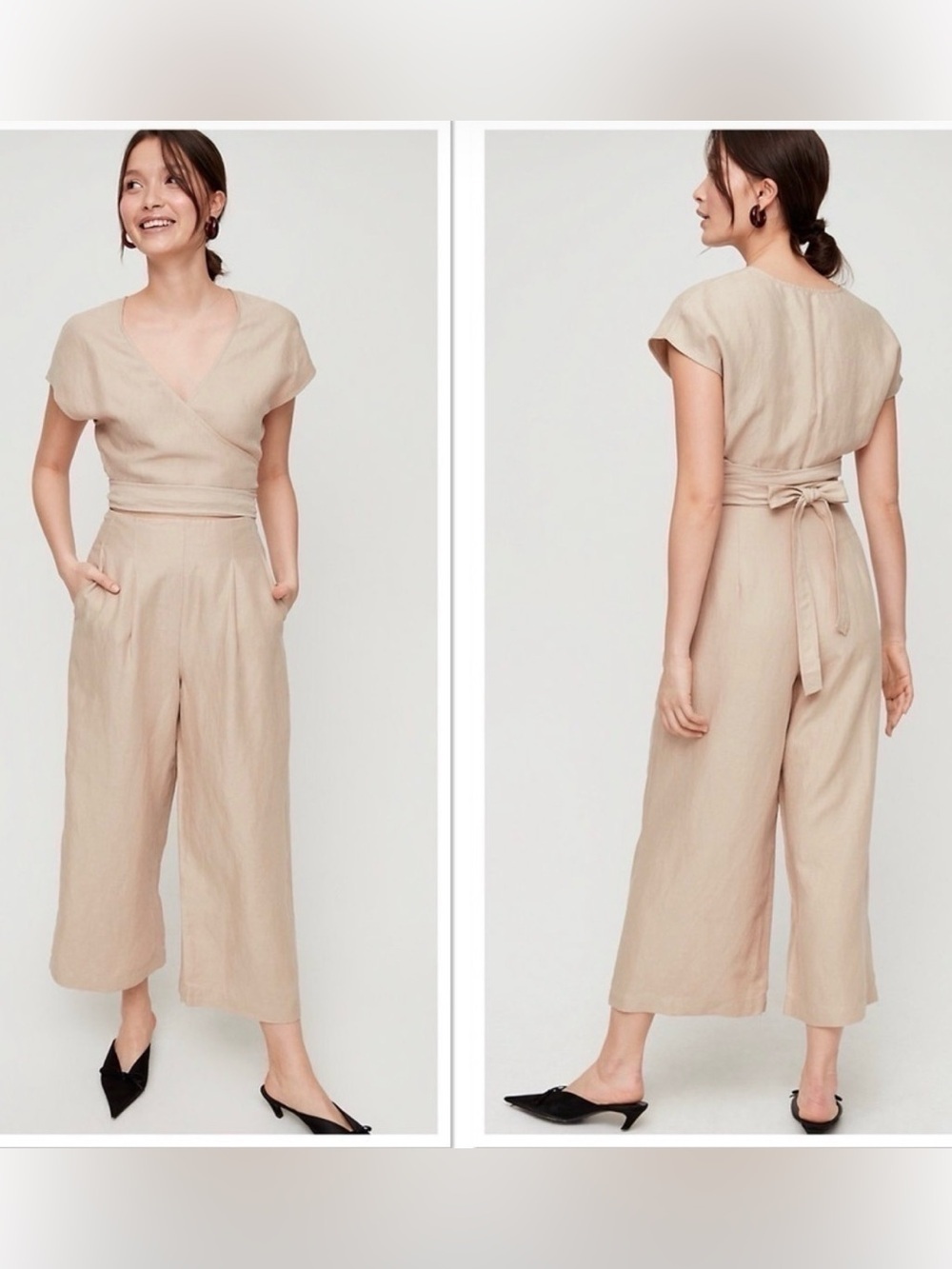 Wilfred by Aritzia Linen Wrap Jumpsuit Tie Waist Wide Leg 10 Beige Minimalist